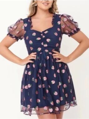 Smak Parlour Navy & Pink Glitter Strawberry Flare Dress